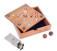 Ajuny Juego de Mesa de Dados de Madera con Agujeros Grandes y Gemas - Juego Familiar 2 a 6 Jugadores para Fiestas, Interior y Exterior, Incluye 65 Piedras de Colores y 2 Dados, Caja 20x20x4 cm