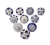 Ajuny Pomos de cerámica azul y blanca, pintados a mano, diseño floral, para armarios de cocina, muebles de baño, cómodas, cajones y aparadores, tiradores decorativos de cerámica artesanal, set de 10