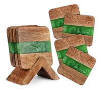 Ajuny Posavasos De Madera Y Resina para Bebidas Decorativos Cuadrados Verdes Marrón para Jarras De Cerveza Té Tazas De Café Protección De La Mesa para Cocina Y Hogar Decoración Regalo Juego de 4