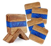 Ajuny Posavasos para Bebidas - Juego de 4 Posavasos Cuadrados Antideslizantes de Madera y Resina Hechos a Mano para Tazas de Té, Tazas de Café y Vasos - Azul Decorativo para Protección de Mesa