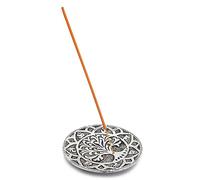 Ajuny Quemador de Incienso Redondo de Aluminio con Recolector de Cenizas Soporte de Incienso Tallado con Mantra de árbol de Estilo Tibetano Decoración del Hogar (Acabado Plateado, 10.5 cm)