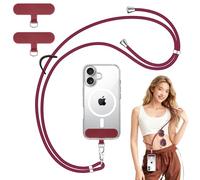 AK Cordon para Movil Universal, con 2 Parches Duraderos y Gancho de Cuero Negro, Colgar Auriculares Inalámbricos, Llaves Etc, Cuerdas Ajustables de 1,6m para Mayoría de Las Fundas (Vino Tinto)