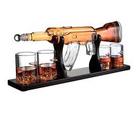 AK47 Decante de Whisky Big Pistol 1000 ml con 4 Copas de Bala - Ideal para Vodka, Ron, Tequila - Set de Cristalería con Base de Madera