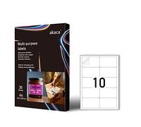 akaca Etiqueta Adhesiva Blanca Mate A4 Pegatina, 95 x 56 mm, 30 Hojas, Papel Adhesiva Imprimible para Impresoras Láser & de Inyección de Tinta, 10 Etiquetas por Hoja