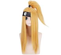 Akactuki Pelucas Deidara Cosplay Peluca larga dorada resistente al calor pelo sintético peluca anime peluca + gorra de peluca