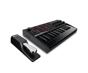 Akai Professional MPK Mini MK3 Black + M-AUDIO SP-2 - Teclado controlador MIDI USB con 25 teclas, 8 drum pads y software + Pedal de sustain