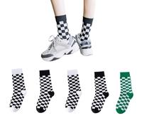 AKAMAS 5 pares de calcetines cómodos de algodón para mujer, a la moda, color negro, blanco, verde, bloques de color, calcetines cortos con patrón a cuadros, calcetines casuales, calcetines