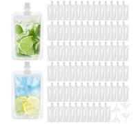 Akamino 100 bolsas de bebidas de 100 ml para festivales, frascos de plástico recargables con 4 embudos, a prueba de fugas, bolsas transparentes para líquidos fríos y calientes, fiestas, viajes