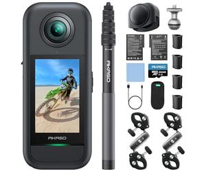 AKASO 360 Moto Pack - Action CAM 360° in 5.7K, Fotos 72MP, Doble Sensor de 1/2" 48MP, 360° Horizon Lock, Pantalla táctil 2.29", AI Tracking, Efecto Selfie Stick Invisible, Estabilización SuperSmooth