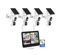 AKAVIG Sistema de cámara de seguridad de doble lente de 4 canales de energía solar de 4 MP con monitor LCD de 12 pulgadas NVR y disco duro 2T, kit de cámaras de vigilancia solar WiFi inalámbricas NVR