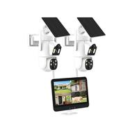 AKAVIG Sistema de cámara de seguridad de doble lente de 4 MP con monitor NVR y 2 cámaras, kit de cámaras de vigilancia solar WiFi inalámbricas con audio bidireccional, visión nocturna a color