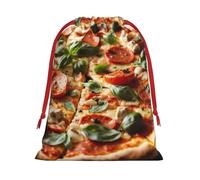 AKDODK Bolsas de regalo con cordón de Navidad con estampado de pizza y pepperoni 3D, bolsa de regalo de felpa con cordón de cinta roja