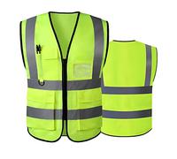 AKEIVN Chaleco de seguridad de malla para hombre y mujer, alta visibilidad, reflectante de seguridad con bolsillos, cremallera frontal, cumple con las normas ANSI/ISEA, Tela amarilla, M