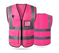 AKEIVN Chalecos de alta visibilidad para mujeres y hombres, chaleco de seguridad reflectante de alta visibilidad con bolsillos con cremallera frontal cumple con las normas ANSI/ISEA, Pink-cloth, S