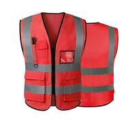 AKEIVN Chalecos de alta visibilidad para mujeres y hombres, chaleco de seguridad reflectante de alta visibilidad con bolsillos con cremallera frontal cumple con las normas ANSI/ISEA, Rojo (malla), L