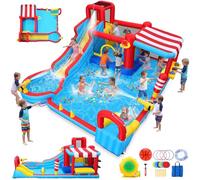 AKEYDIY Castillo Hinchable Hinchable con tobogán de Agua, Dos Pistolas de Agua, tobogán Largo, Piscina y Canasta de Baloncesto. Imprescindible para Cualquier Fiesta de Verano y un Gran Regalo para