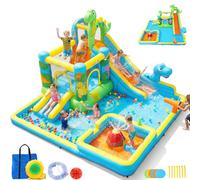 AKEYDIY Parque Acuático Hinchable Infantil, Castillo Hinchable de Agua con Tobogán Doble y Piscina, Temática Dinosaurio, Incluye Soplador 550W, Juegos de Jardín Exterior para Niños 3 a 12 Años