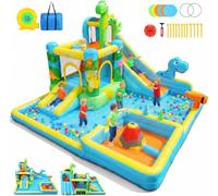 AKEYDIY Tobogán acuático Inflable, Parque acuático 13 en 1 de Dinosaurio Castillo Hinchable para niños de 3 a 12 años con Dos Grandes Piscinas Infantiles, tobogán Largo, Juego de Lanzamiento de