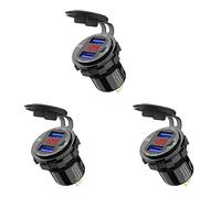 Akfldms 3X Cargador de Coche USB de Carga Rápida 3.0 Dual 12V, Enchufe de Aluminio con Botón de Interruptor Y Voltímetro Digital Rojo, Impermeable