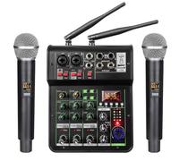 Akfldms Mezcla de Audio con Micrófono Inalámbrico UHF, Consola Mezcladora Estéreo de 4 Canales, Bluetooth, USB para DJ, Karaoke, Grabación en PC.