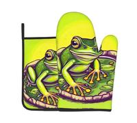 AKGFFDS Juego de dos piezas de guantes resistentes al calor de alta gama y almohadillas aislantes para cocinar con estampado de rana en un estanque