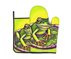 AKGFFDS Juego de dos piezas de guantes resistentes al calor de alta gama y almohadillas aislantes para cocinar con estampado de rana en un estanque