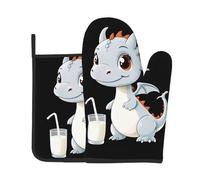 AKGFFDS Juego de dos piezas de guantes resistentes al calor de alta gama y almohadillas de aislamiento para cocinar con estampado de dragón de leche que roba leche