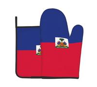 AKGFFDS Juego de dos piezas de guantes resistentes al calor y almohadillas aislantes de alta gama para cocinar con estampado de bandera de Haití