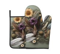 AKGFFDS Juego de dos piezas de guantes resistentes al calor y almohadillas aislantes de alta gama para cocinar con estampado de flores y plumas