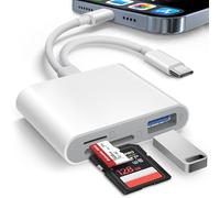 AkHolz Lector de tarjetas SD para iPhone iPad con cables duales integrados (Lightening, USB-C) lector de tarjetas con SD MicroSD USB-A 3 ranuras, visor de tarjetas de memoria, portátil, no requiere