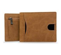 AKIELO Tarjetero de Hombre Bloqueo RFID Plegable con Bolsillo a Cremallera y Caja Regalo - Elegante Cartera de Hombre y Minimalista Cartera Tarjetero (Delta - Edición Marrón Claro con Cremallera)