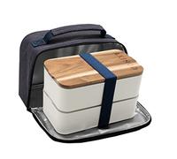 akinod Bento - Caja de almuerzo con aislamiento térmico de 11 H58, doble compartimento blanco, bolsa con asa reforzada, color azul jaspeado, apto para lavavajillas, congelador, microondas, 1,4 L