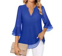 Akiooue Blusas de manga 3/4 con campana para mujer, túnica casual con cuello en V, de doble capa de gasa, blusas de trabajo para mujer, tallas S-3XL, azul eléctrico, 3XL
