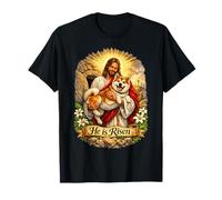 Akita Dog He Is Risen Resurrección de Pascua Derrotado Cruz Camiseta