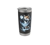 Akita Inu Aullando a la luna, perro retro de los 90 Vaso térmico de acero inoxidable de doble pared