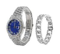 AKLOSIPY Elegante Reloj Plateado de Acero Inoxidable con Esfera Azul Brillante y Función de Calendario, Bisel de Diamantes de Imitación para Mayor Elegancia