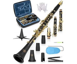 AKLOT Clarinete de concierto B Flat: diseño de agujero de tono de precisión para una entonación estable, llaves chapadas en oro duraderas, con funda resistente a los arañazos, barril, soporte para
