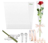 AKLVBL Mangas de flores para ramos de flores, 100 unidades, manga transparente de una sola rosa, 100 tubos de agua florales para ramos, cinta rosa claro de 40 yardas para envolver regalos para el día
