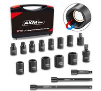 AKM TOOL Juego de llaves de impacto magnéticas de 1/4 pulgadas, 17 piezas métricas, 5 mm-15 mm, 6 puntos, Cr-Mo, unidad cuadrada, enchufe magnético con adaptador de enchufe de impacto, junta universal