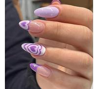 AKOFIC 24 Piezas Uñas Postizas Almendra Cortas, Press on Nails Francesa Con Diseño, Elegantes Con Pegatinas, para Mujeres y Niñas (Corazón Moradas)