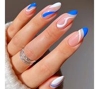 AKOFIC 24 Piezas Uñas Postizas Corta, Francesa Oval Puntas Uñas Postizas con Uñas de Gel Postizas Uñas Press On para Arte de Uñas para Mujeres (Azul Blanco Desnudo)