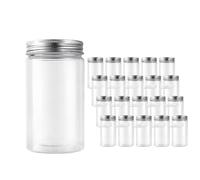 AKOLAFE Paquete de 20 tarros de plástico de 350 ml con tapas de aluminio blanco, recipientes redondos transparentes para almacenamiento de alimentos, recipientes de almacenamiento de alimentos a