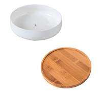 AKOOSY Maceta de Cerámica para Plantas de Interior, Maceta Redonda Poco Profunda Bandeja de Bambú, para Orquídeas, Tulipanes y Suculentas