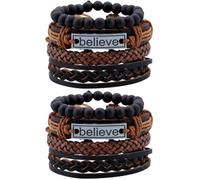 AKOOSY Pulsera de Cuero para Hombre Pulsera Genial Punk Estilo Retro Trenzado Cuero Genuino Accesorios Masculinos para Fiesta y Uso Diario Conjunto 2 Piezas