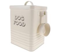 AKOOSY Recipiente Metálico para Comida de Perro con Tapa Hermética | Hierro Resistente, con Pala y Zona de Identificación, para Pienso Seco, Diseño Compacto y Beige