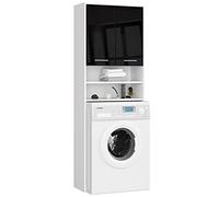 AKORD Armario para lavadora, armario de baño, cómoda, 64 x 180 x 30 cm, peso 30 kg, armario convertible con 2 puertas, 2 estantes, color blanco y negro brillante