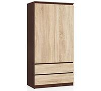 AKORD | Armario STAR S | 90 cm de dos puertas | 2 cajones con estantes y barra de ropa | Armario de dormitorio | Armario | Panel laminado de 16 mm | Wenge/Sonoma