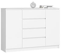 AKORD Cajón K 140 cm 4 cajones y 2 puertas para la sala de estar dormitorio Oficina Sala de estar Diseño funcional moderno tablero laminado Color Blanco