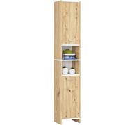 AKORD Columna de Baño BETI Roble Artesanal 32 cm, 2 Puertas Blancas y 4 Estantes A32xH180xF28 cm
