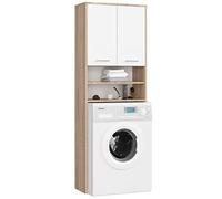 AKORD | Columna de Pared para empotrar Lavadora | Mueble Alto con 2 Puertas, 2 estantes Abiertos | Mueble contenedor para baño | 64x180x30 cm | Peso 30 kg | Roble Sonoma/Blanco